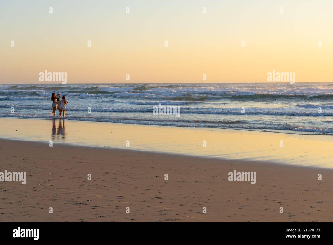 Surfers Paradise Australia - 21. September 2023; drei junge Frauen stehen bei Sonnenaufgang im seichten Wasser und machen Handyfotos. Stockfoto