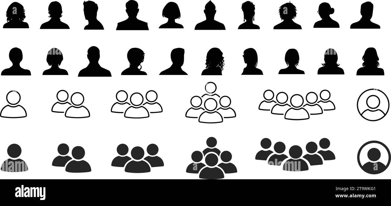 Linien- und flache Symbole für Personen gesetzt. Team von Mitarbeitern. Benutzerprofilsymbol. Gruppe von Personen. Sammlung von Benutzergruppen. Personensymbol. Männer Frauen. Menge von Stock Vektor