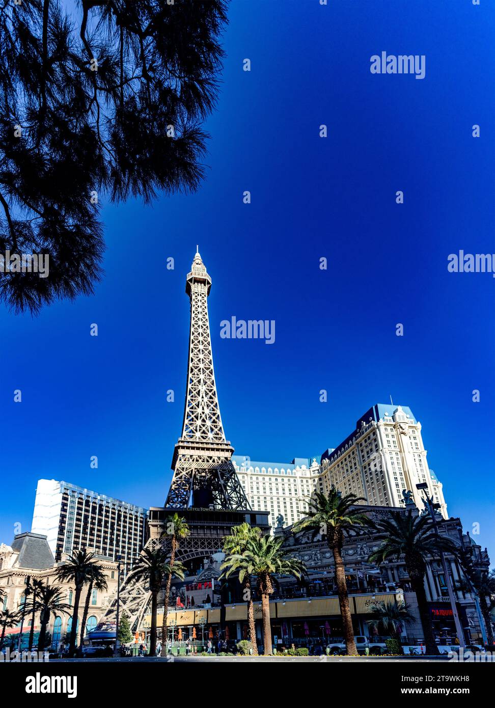 Las Vegas, USA; 18. Januar 2023: Vertikales Foto des Eiffelturms des Paris Las Vegas Strip Hotel, Casino und Resort auf dem Boulevard der Th Stockfoto