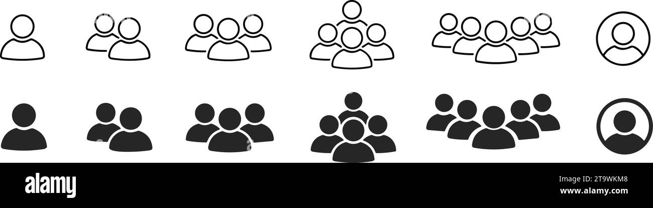 Linien- und flache Symbole für Personen gesetzt. Team von Mitarbeitern. Benutzerprofilsymbol. Gruppe von Personen. Sammlung von Benutzergruppen. Personensymbol. Männer Frauen. Menge von Stock Vektor