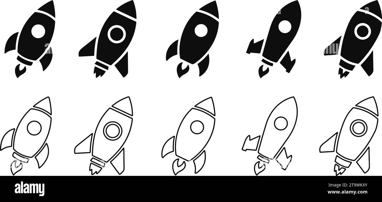 Raumschiff Rakete Symbole gesetzt. Space Ship Launch icon Kollektion. Raketenschiff-Startkonzept. Raketenstart mit Feuer. Rakete einfaches Symbol flach und Stock Vektor