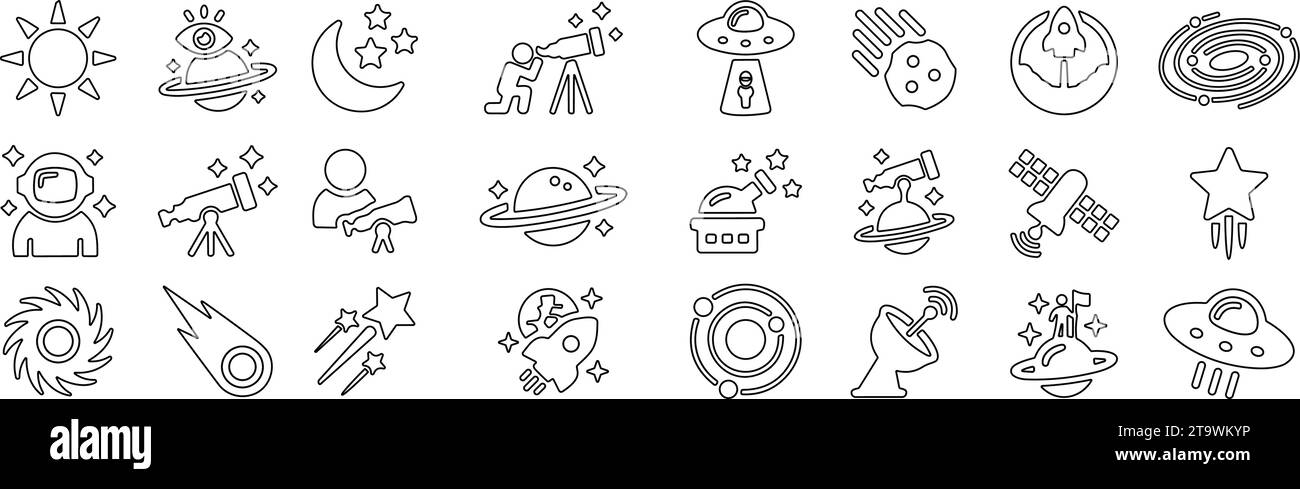 Astronomie-Symbole. Leerstandsymbole festgelegt. Teleskop, Astronaut, Observatorium, Kosmonaut, Station, Satellit, Planeten, Sonne, Sterne, Rakete, Raumschiff. Line vecto Stock Vektor