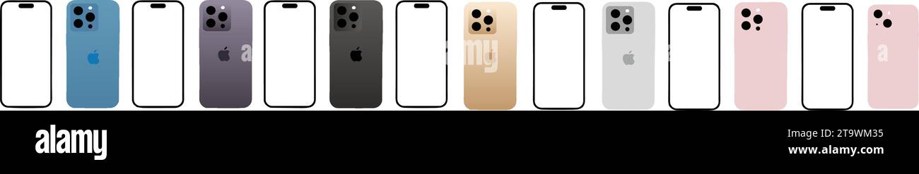 Satz der neuesten iPhone 15, 14 pro max Vorlage für Smartphone-Mockup oder Mobiltelefon-Vorlage. Gadget und Geräte gruppieren Stock Vektor. Leere Sichtweise Stock Vektor