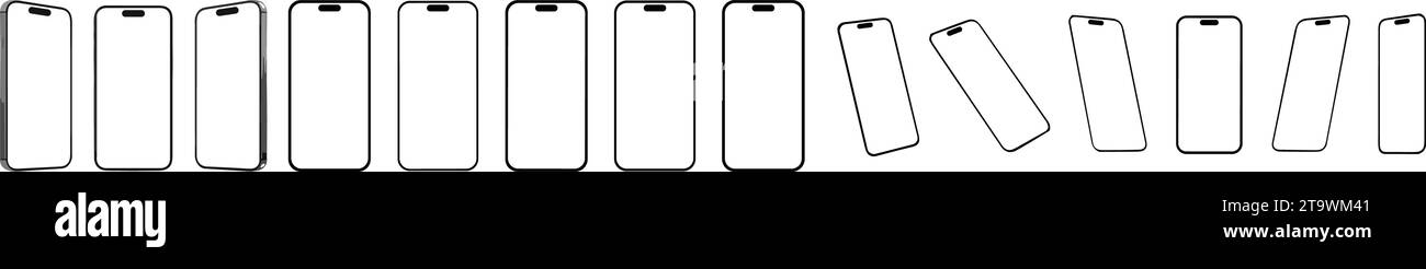 Set der neuesten Symbole für Smartphone-Mobiltelefone oder Mobiltelefone mit verschiedenen Winkeln. Intelligente Gadget- oder Gerätesammlung. Mobiltelefon-Display, devi Stock Vektor