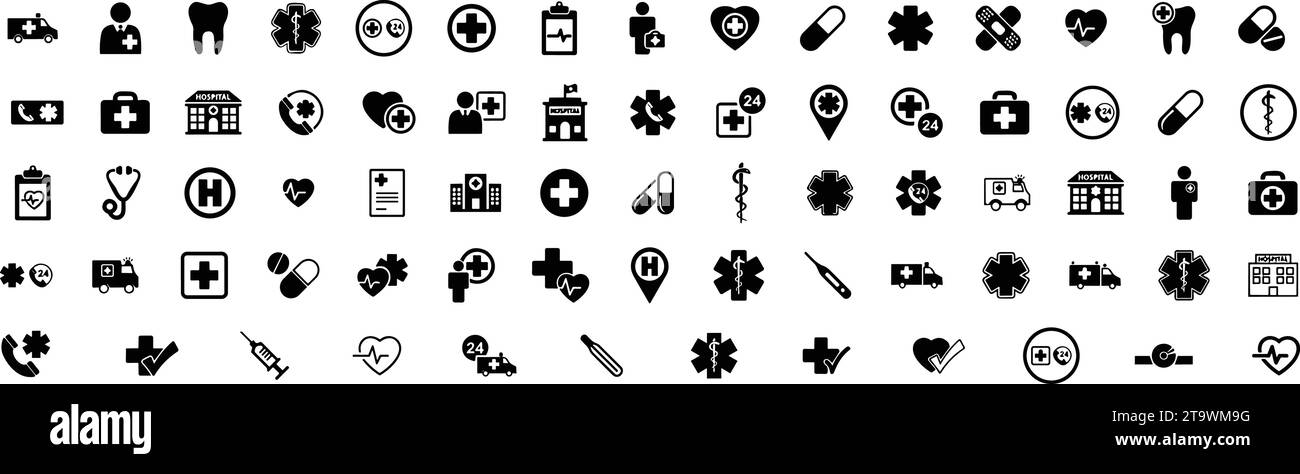 Medizin und Gesundheit flache Symbole gesetzt. Sammlung Gesundheitsfürsorge medizinisches Zeichen Symbol. Untersuchung, Arzt, Zahnmedizin, Apotheke, Labor, wissenschaftliche Entdeckung, Hospit Stock Vektor