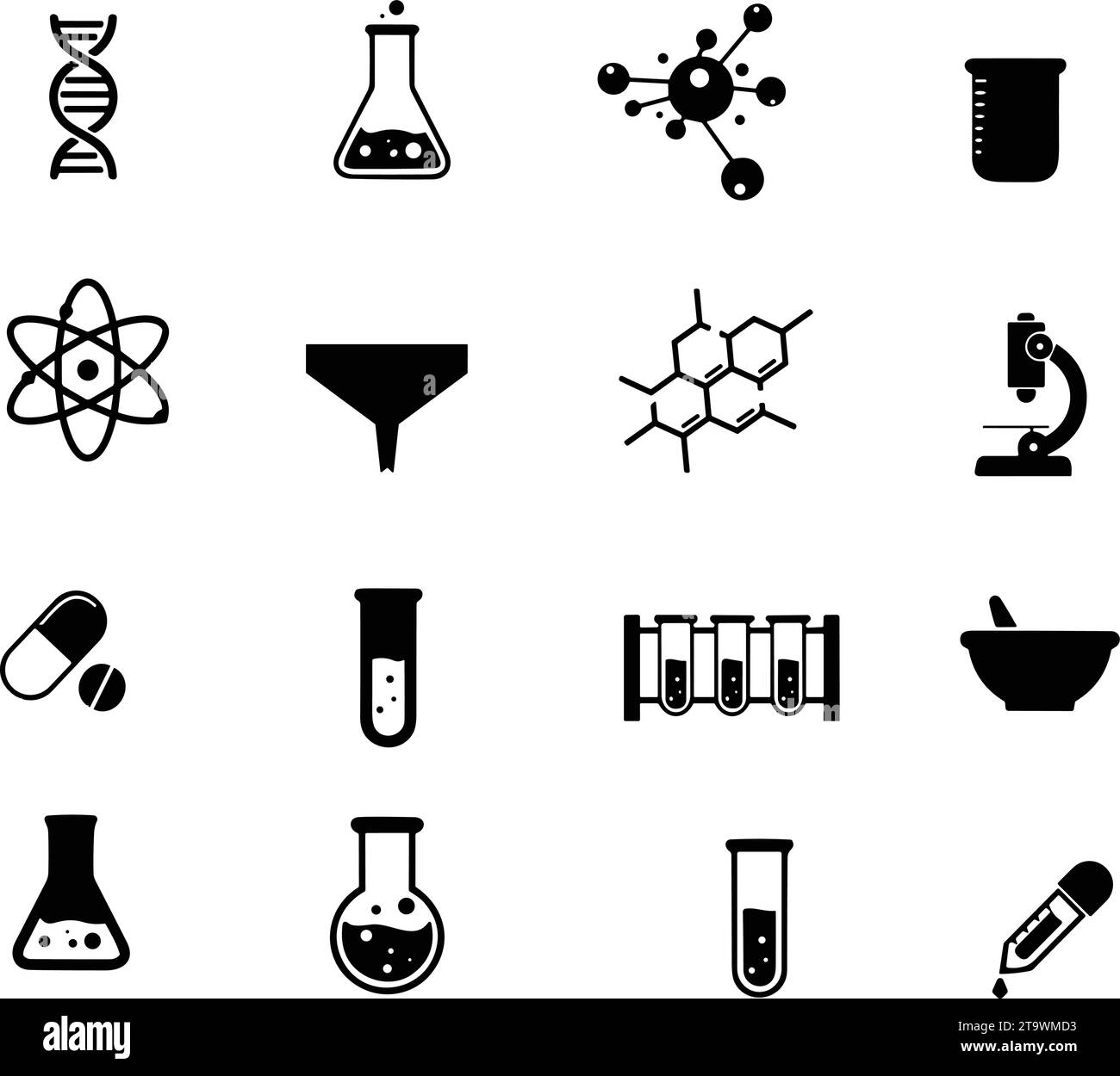 Symbolsatz für Chemielabor. Enthält Symbole wie Chemie, Formel, medizinische Analyse, Labortestkolben. Atom, Kolben, Experiment, Forschung, DNA, Kette, m Stock Vektor