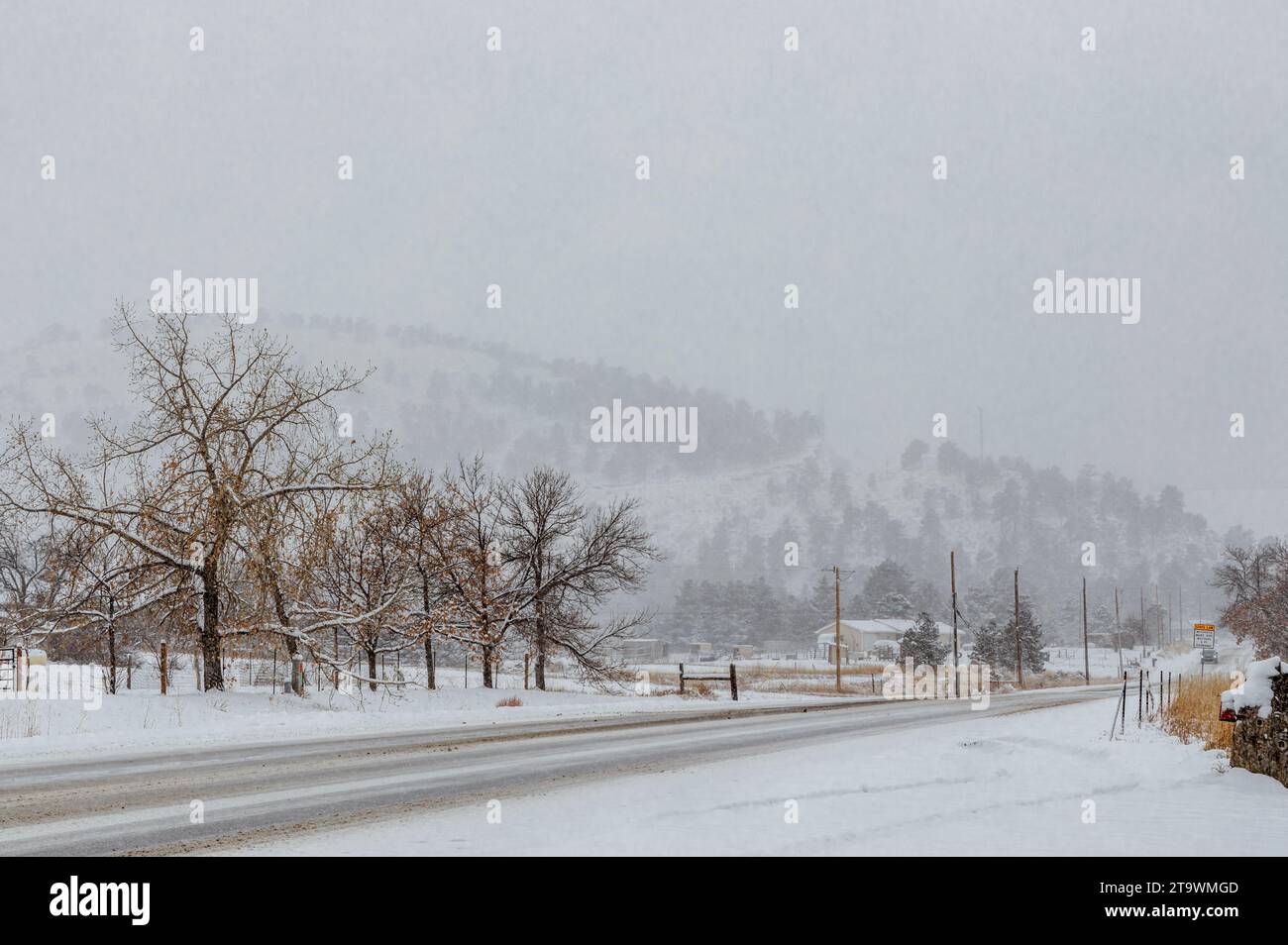 Colorado Living. Fort Collins, Colorado - Denver Metro Und Winterpanorama. Schnee fällt in der Nachbarschaft Stockfoto