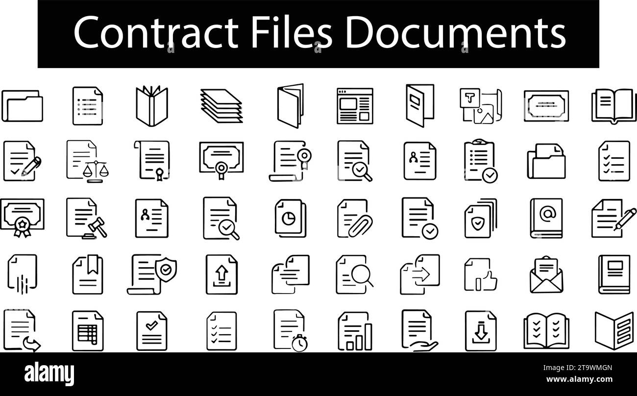 Liniensatz für Symbole für Rechtsdokumente. Gesetz, Zertifikat, Vertragsakten, Formular. Dateiverwaltungssammlung Stock Vektor