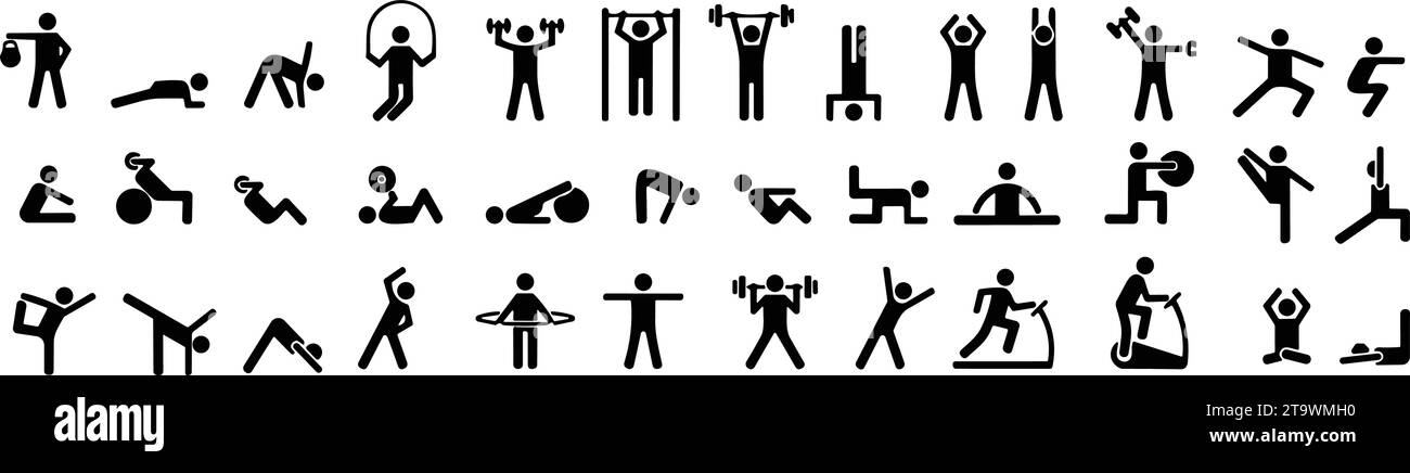 Symbole für Sport und Fitness. Fitnessstudio und Workout-Set. Personen-Yoga-Übungen. Ausfallschritte, Liegestütze, Squats, Hantelreihen, Burpees, Seitenplanken, Situps, GL Stock Vektor