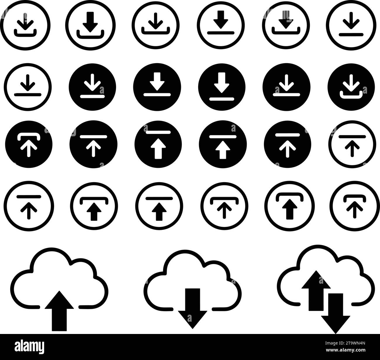 Symbolsatz für flache Vektorsymbole für Download-Schaltfläche. Symbol installieren. Button-Sammlung hochladen. Symbol „Laden“. Modernes Cloud-Download- und Upload-Symbol, einfach flach und l Stock Vektor