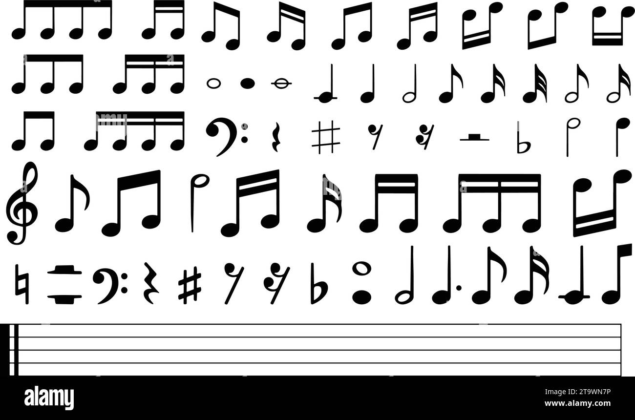 Notenschlüssel Symbolsatz, Notensymbol, Vektorillustration. Musiknotizen, Lieder, Melodien oder Symbole zum Abspielen von Musik für Apps und Websites Stock Vektor