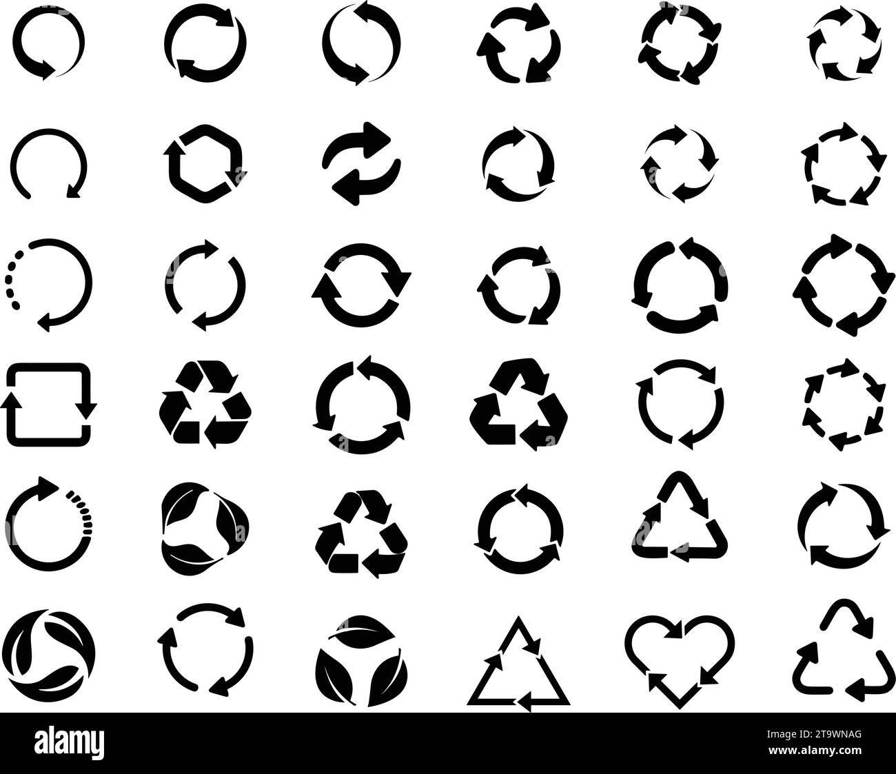 Symbol-Vektorsatz wiederverwenden. Sammlung von Symbolen für Recycling und Drehung oder Kreispfeile. Rotiert endlos wiederverwendbares Zeichen. Ökoökologie Natur Bio Black Stock Vektor