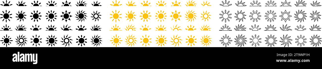 Sonnensymbole Vektorsymbole gesetzt. Gelbe Sonnen-Sternsymbole. Sommer, Sonnenlicht, Natur, Himmel Sonnenuntergang und Sonnenaufgang, Halbsonne Stock Vektor