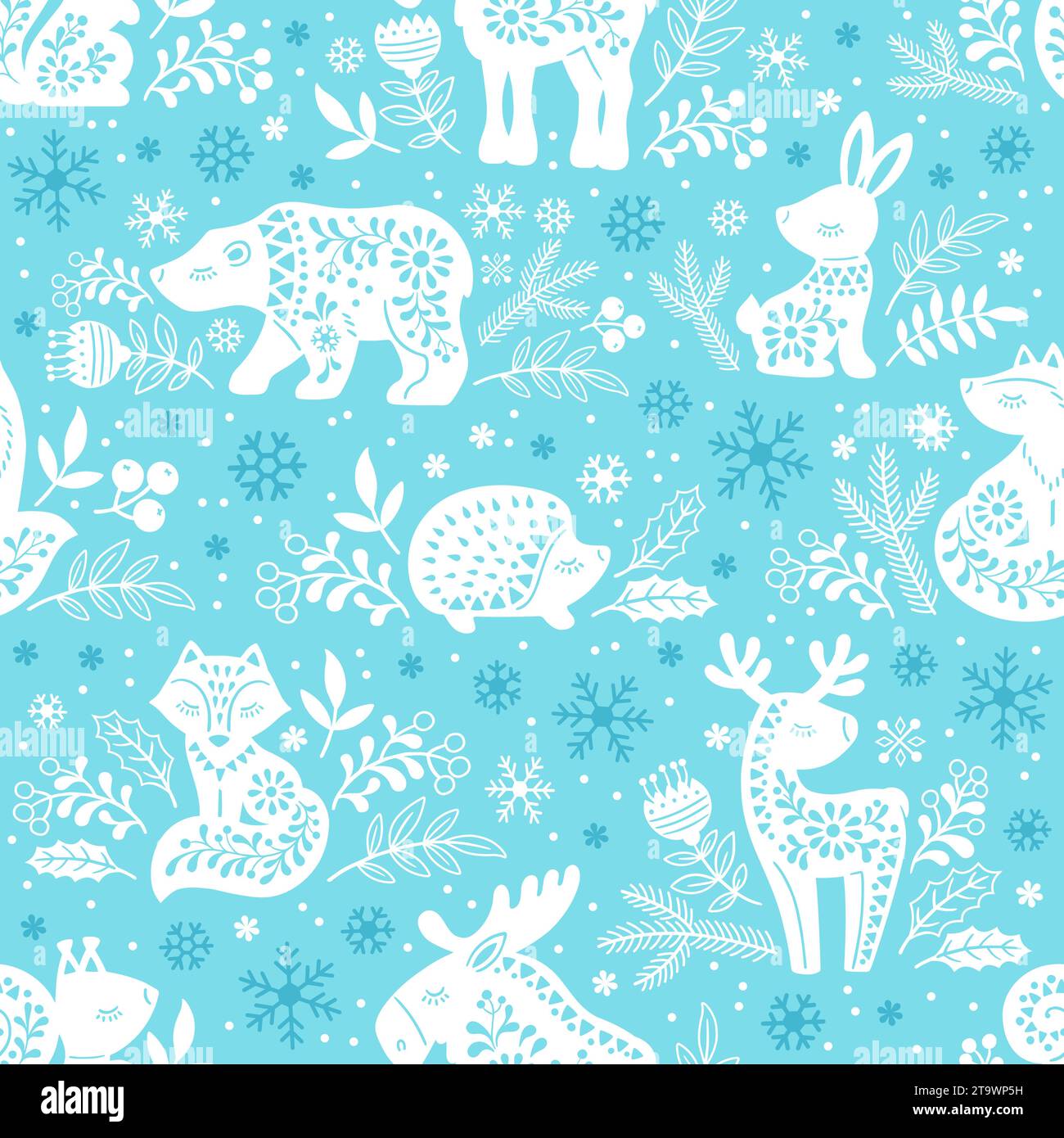 Nahtloses Vektormuster. Weiß verzierte Silhouetten von Waldtieren Hirsch, Bär, Elch, Fuchs, Hase, Eichhörnchen, Igel zwischen Blumen auf blauem Hintergrund Stock Vektor