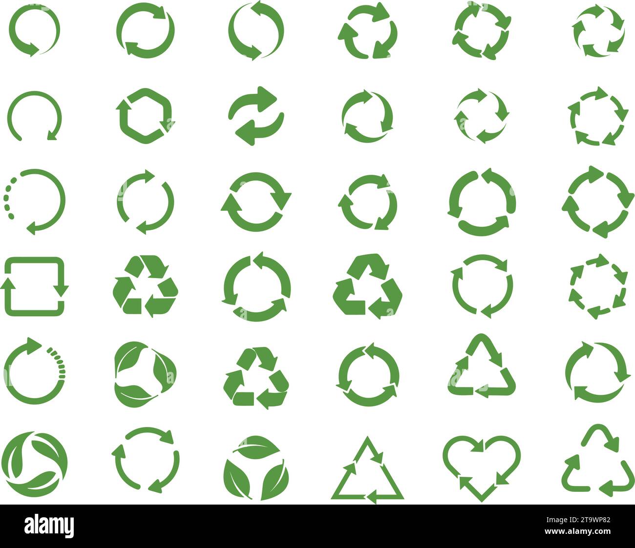 Symbol-Vektorsatz wiederverwenden. Sammlung von Symbolen für Recycling und Drehung oder Kreispfeile. Rotiert endlos wiederverwendbares Zeichen. Öko Ökologie Natur Bio grün Stock Vektor