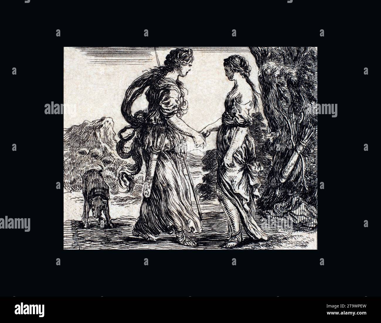 Jupiter und Callisto, aus „Spiel der Mythologie“ (Jeu de la Mythologie), geätzt von Stefano della Bella (Italienisch, Florenz 1610-1664 Florenz), entworfen von Stockfoto