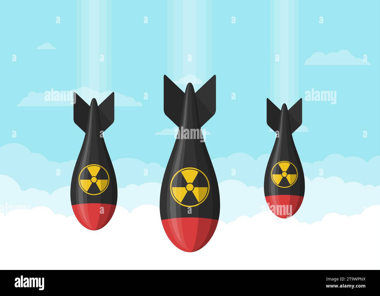 Atombomben fallen in den Himmel, Atomkrieg. Atomraketen-Luftbombe. Bombshell, Raketenarmee. Illustration des Vektors der Atomstrahlung. Stock Vektor