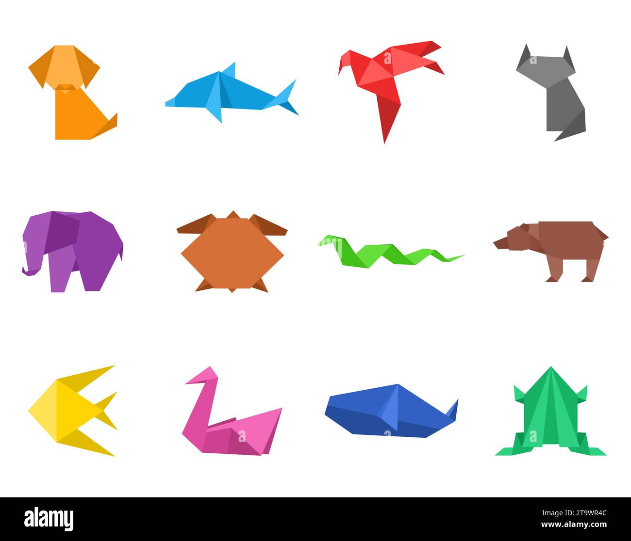 Origami japanische Tiere Set. Modernes Hobby. Polygon gefaltetes Papierfarbfiguren-Spielzeug. Kunst des Papierfaltens. Geometrische Figuren in Form von wilden Tieren. Stock Vektor