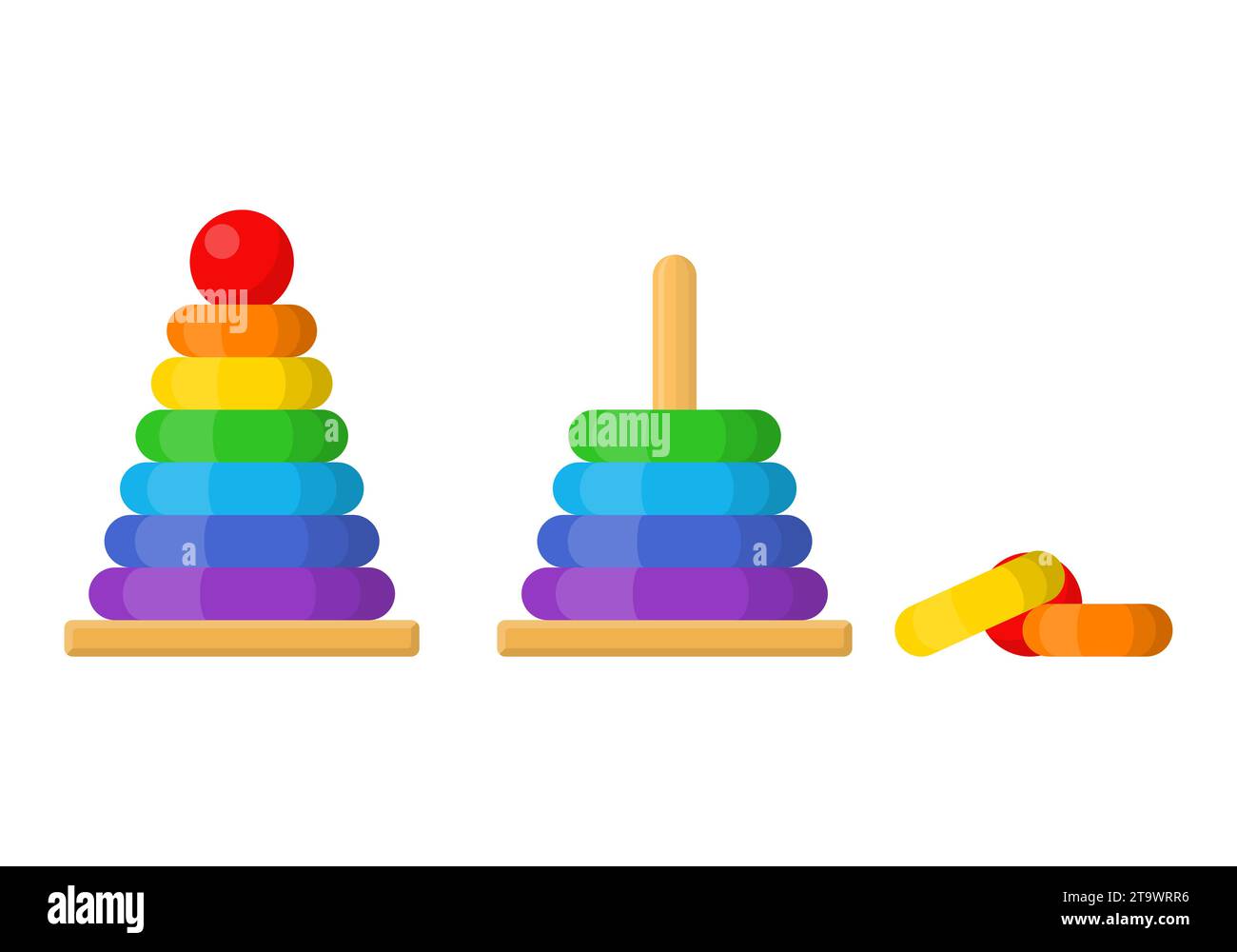 Zusammengesetztes und zerlegtes buntes Pyramidenspielzeug. Aufbau eines Ringturms. Lernspielzeug für Kleinkinder. Feinmotorische Entwicklungskräfte. Stock Vektor