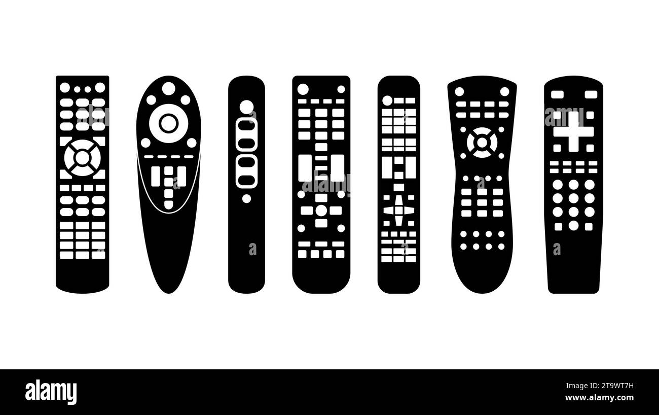 Symbole für die Fernbedienung des Fernsehers andere Form auf weißem Hintergrund eingestellt. TV-Technologie, Surfausrüstung mit Knöpfen, Entfernungsmedien Stock Vektor
