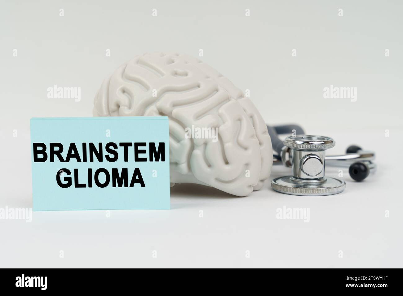 Medizinisches Konzept. Auf einer weißen Oberfläche neben dem Gehirn befinden sich ein Stethoskop und Aufkleber mit der Inschrift Hirnstammgliom Stockfoto