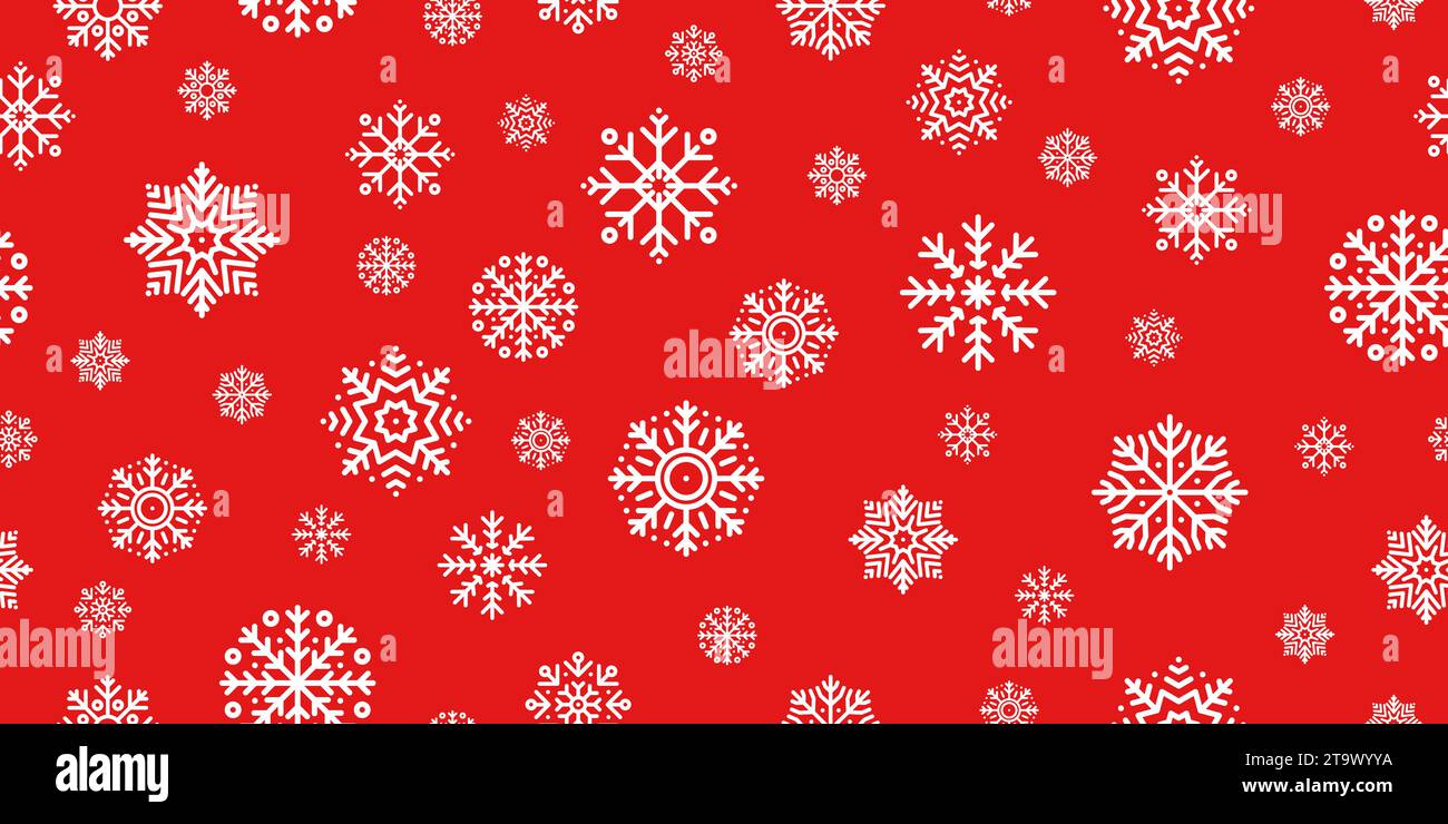 Nahtloses Weihnachtsmuster mit weißen Schneeflocken auf rotem Hintergrund. Winterdekoration. Frohes neues Jahr, kalter Schneefall. Vektorabbildung. Stock Vektor