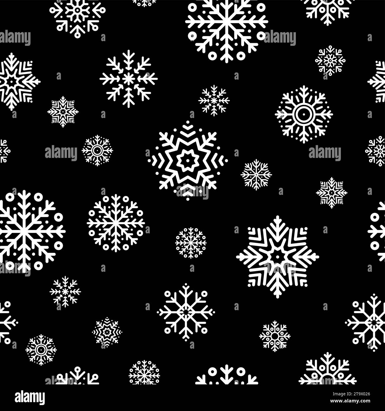 Nahtloses Weihnachtsmuster mit weißen Schneeflocken auf schwarzem Hintergrund. Winterdekoration. Frohes neues Jahr, kalter Schneefall. Vektorabbildung. Stock Vektor