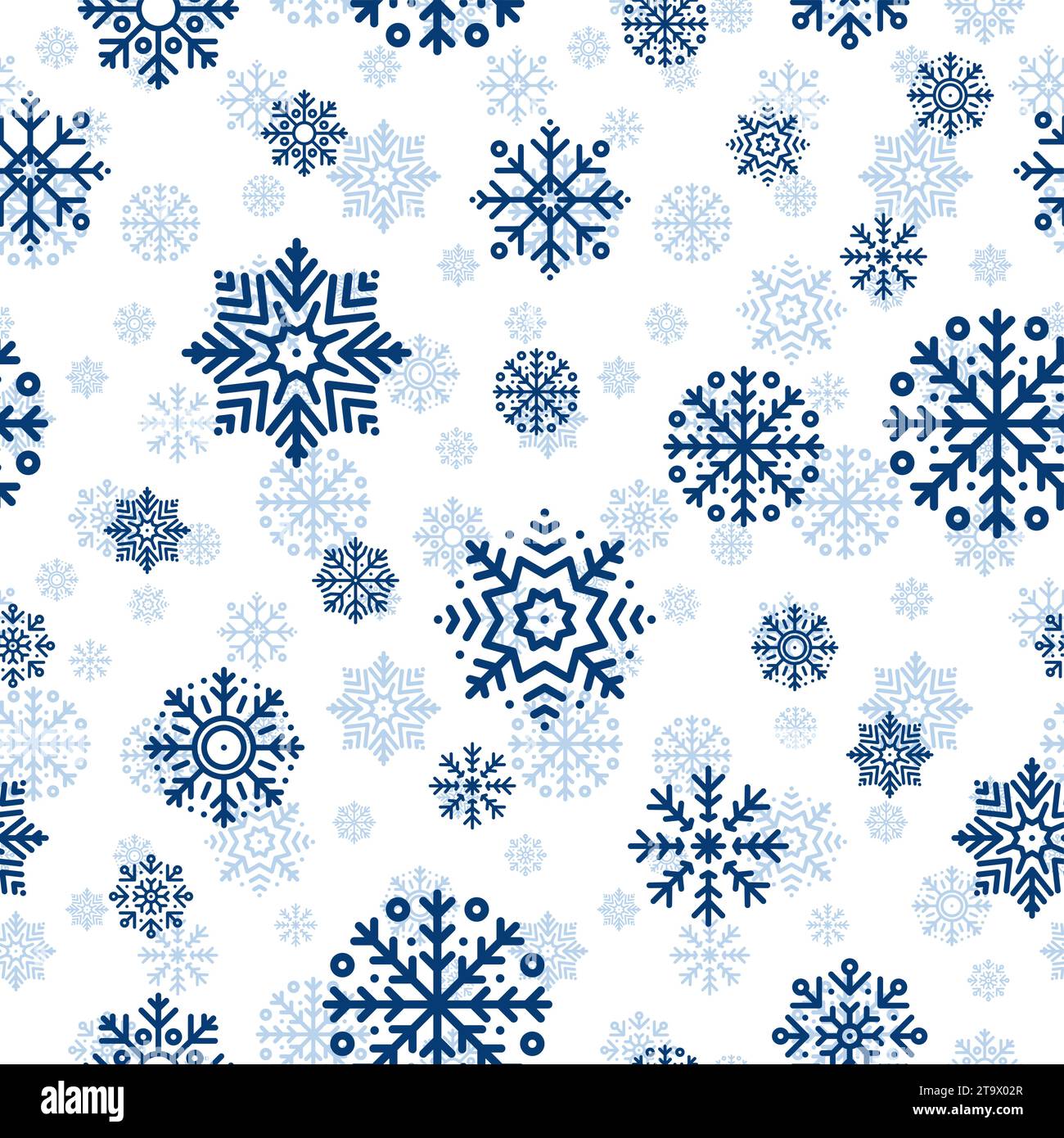 Nahtloses Weihnachtsmuster mit blauen Schneeflocken auf weißem Hintergrund. Winterdekoration. Frohes neues Jahr, kalter Schneefall. Vektorabbildung. Stock Vektor