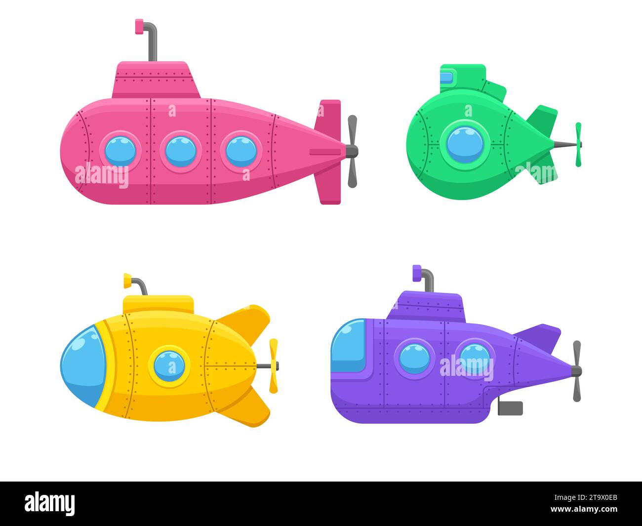 Bunte U-Boote mit Periskop isoliert auf weißem Hintergrund. Unterwasserschiff, Bathyscaphe schwimmt unter Meerwasser. Tiefsee-U-Boote für Wasser Stock Vektor