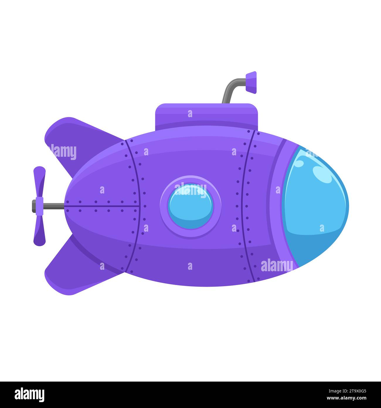U-Boot mit Periskop isoliert auf weißem Hintergrund. Unterwasserschiff, Bathyscaphe schwimmt unter Meerwasser. Vektorabbildung. Stock Vektor