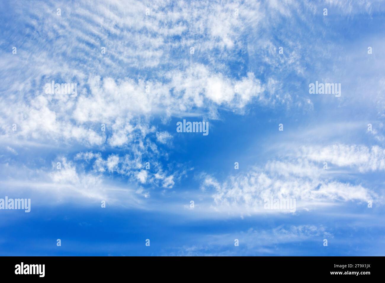 Weiße Altocumulus-Wolken Muster am blauen Himmel an einem sonnigen Tag, natürliche Hintergrundfotostruktur Stockfoto