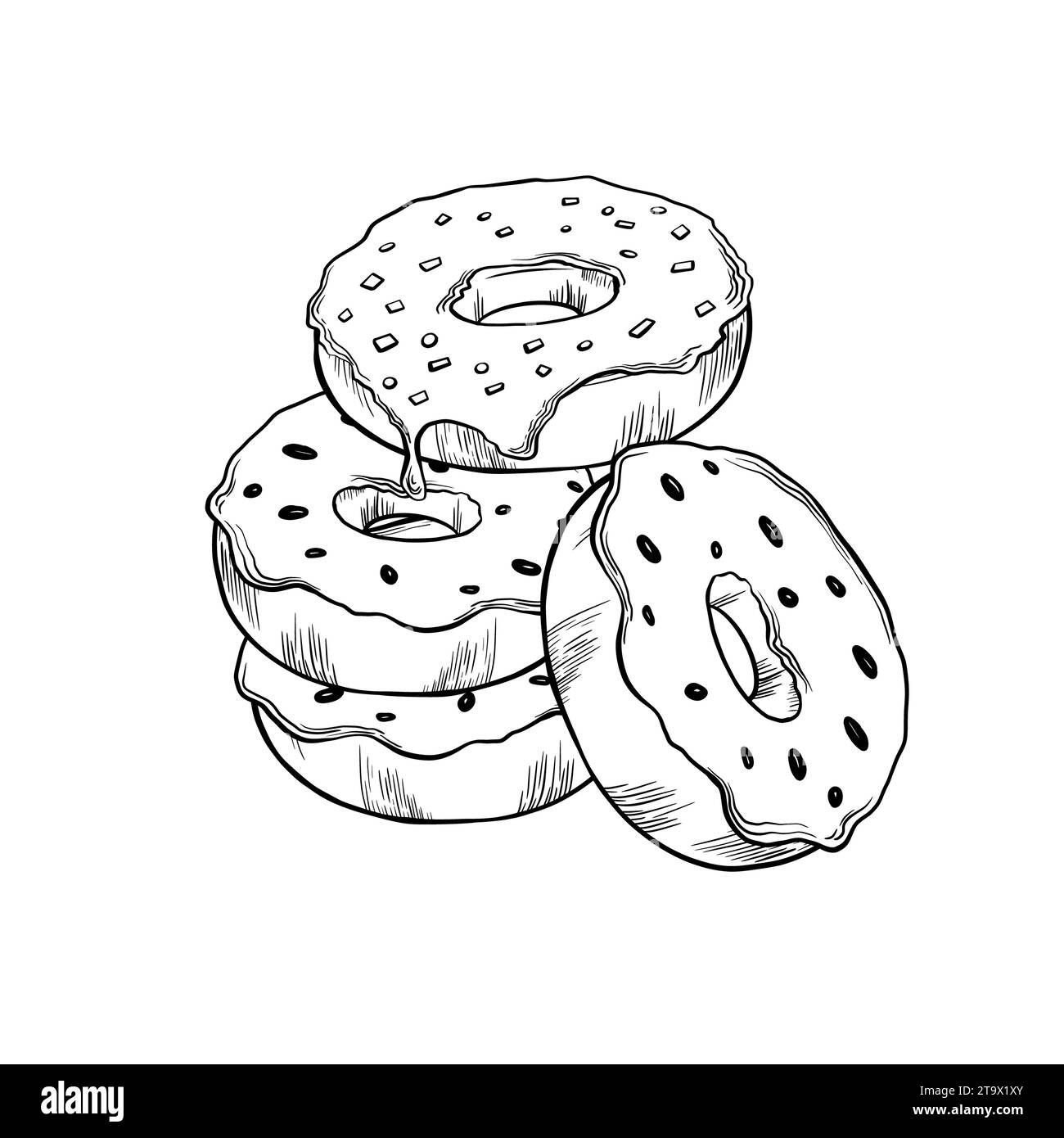 Set Donut mit Glasur. Vektorabbildung. Grapgischer STYLE. Handgezeichnet in einem einfachen minimalistischen Stil. Kann für Küche, Notizen, Kochbuch verwendet werden Stock Vektor
