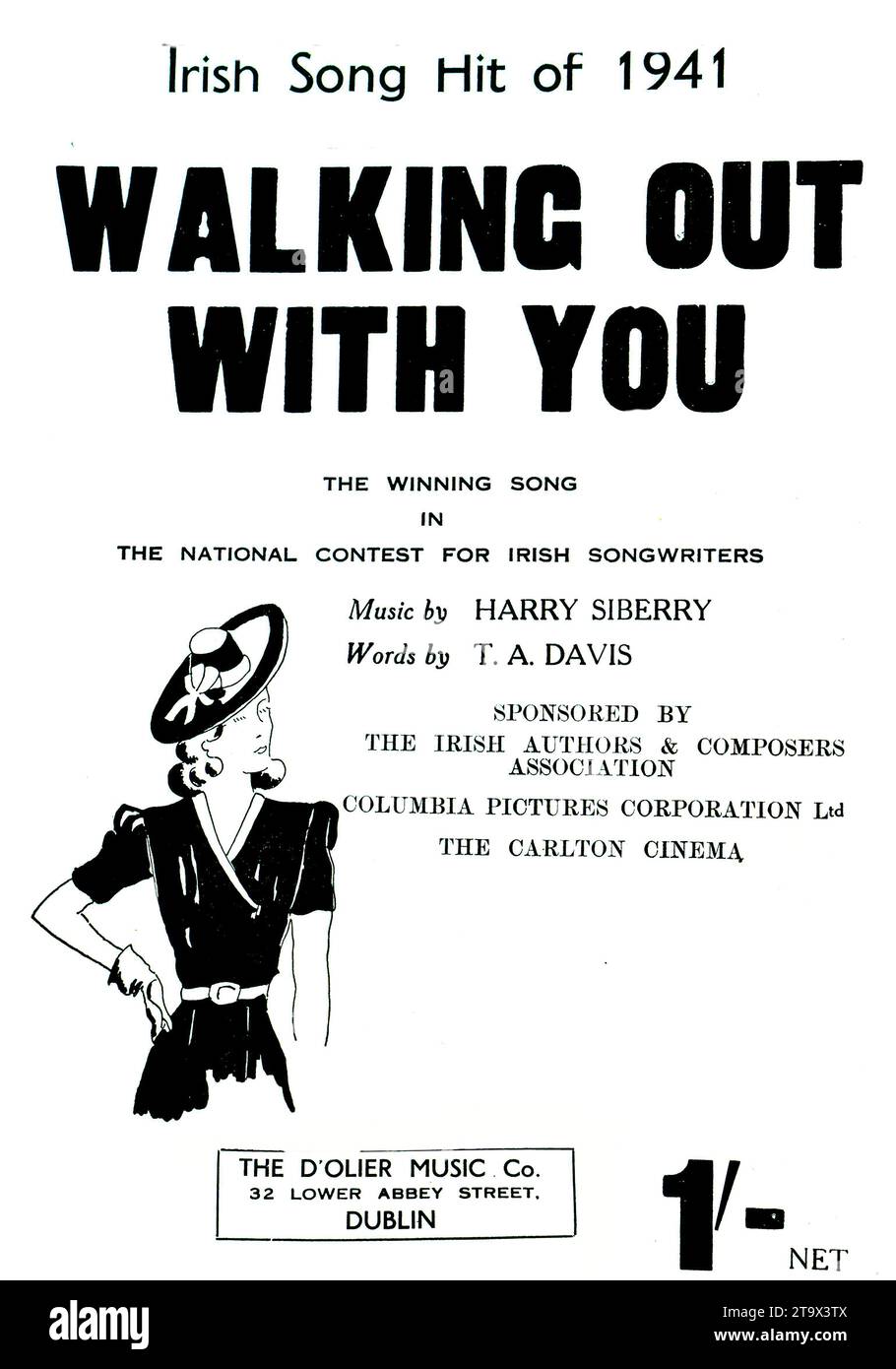 Notencover des irischen Hits „Walking Out With You“ aus dem Jahr 1941, Gewinner eines nationalen Songwriting-Wettbewerbs, mit Musik von Harry Siberry und Texten von T.A. Davis mit ikonischem Vintage-Design. Nur Bild. Stockfoto