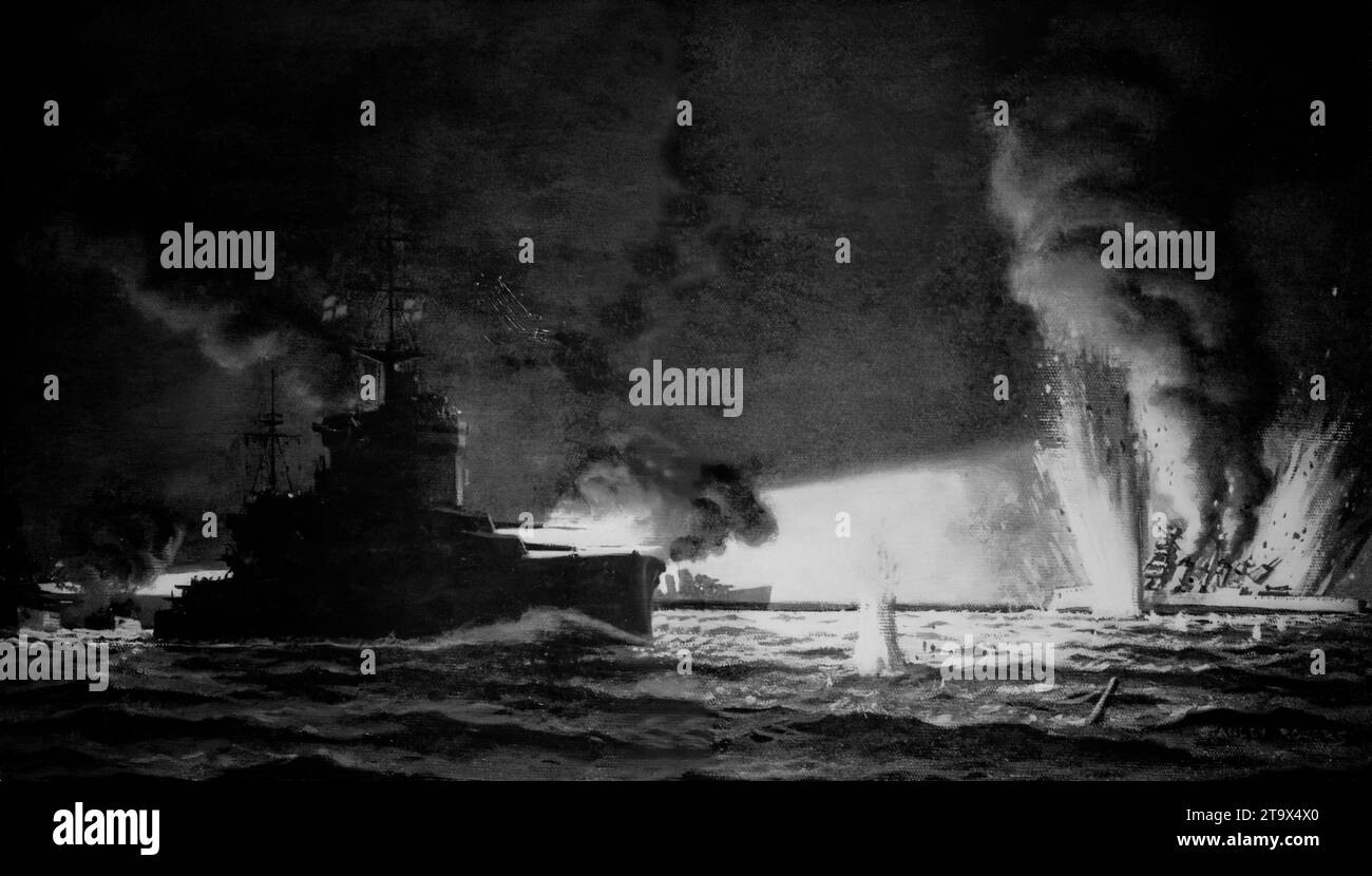 Eine Illustration von Stanley Rogers von der Schlacht am Kap Matapan vor der Südwestküste der griechischen Halbinsel Peloponnes, die am 23. März 1941 im Zweiten Weltkrieg stattfand. Die Abbildung zeigt das britische Schlachtschiff und Flaggschiff „Warspite“, das den italienischen schweren Kreuzer Fiume beschießt. Das Schiff sank zusammen mit zwei anderen italienischen Kreuzern, der Zara und der Pola. Stockfoto