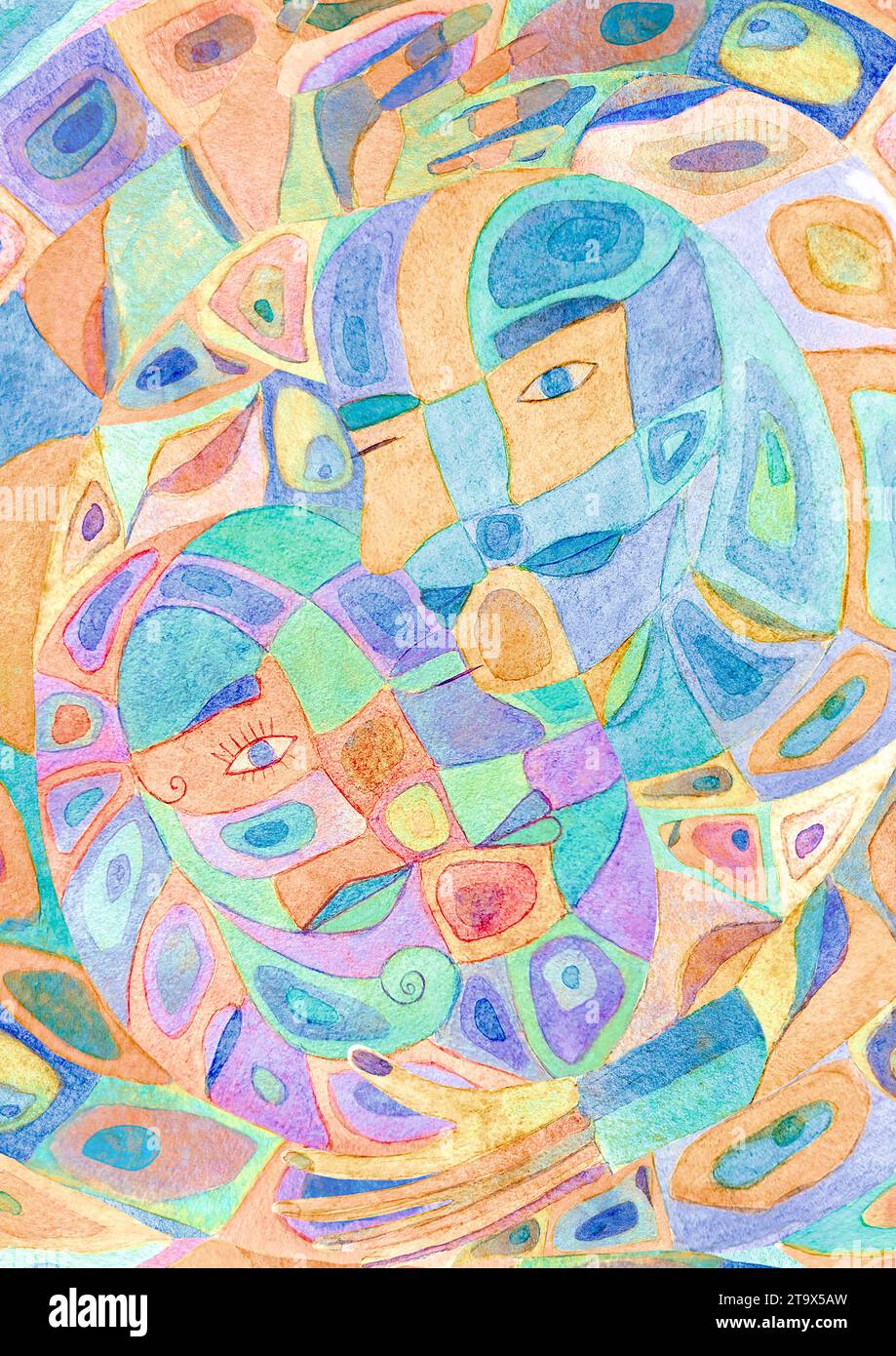 Abstrakter Aquarellsymbolismus mehrfarbiger Hintergrund. Handgezeichnetes Muster mit ruhigen Farbflecken. Aquarellabstraktion. Mann, Frau, Yin und Yang Harmonie. V Stockfoto