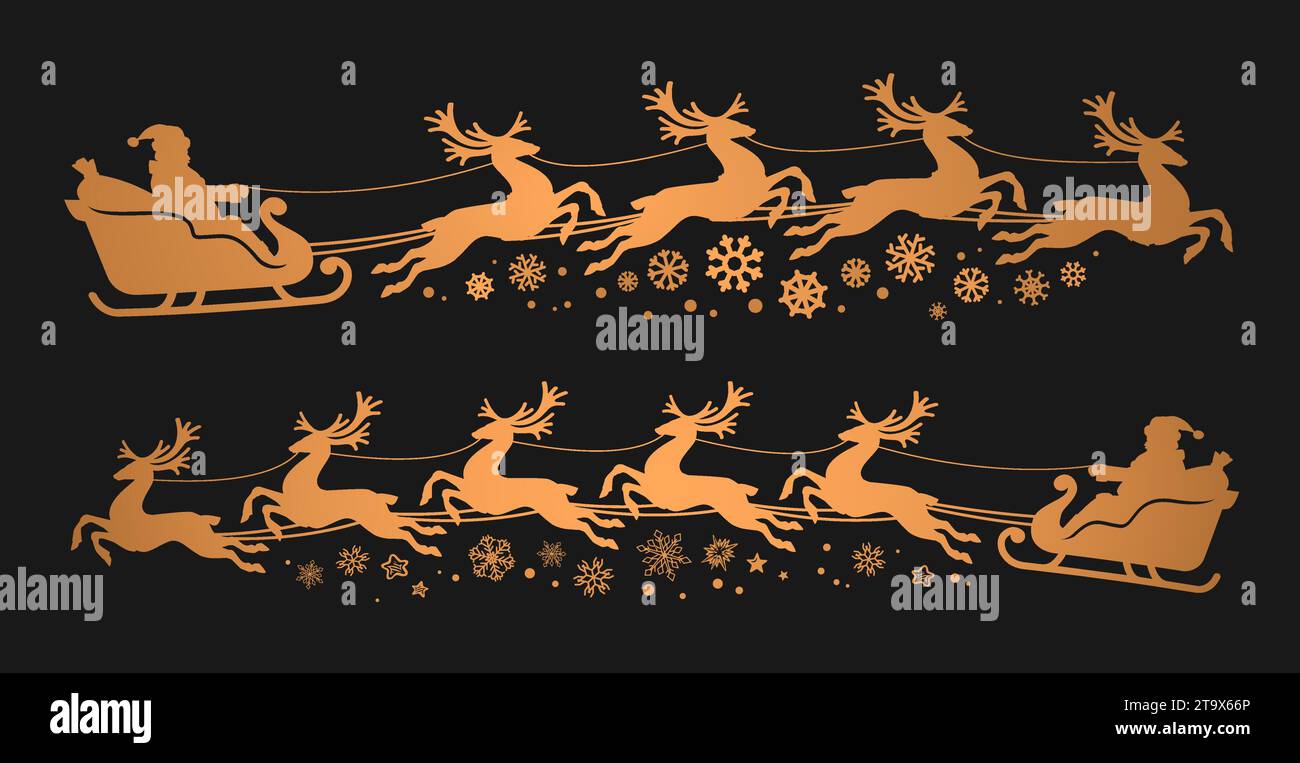 Weihnachten. Silhouette Santa Claus im Schlitten mit Hirschen. Design für Dekoration Feiertagsposter, Flyer, Grußkarte Stock Vektor