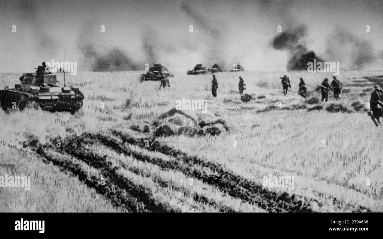 Deutsche Panzer in den ukrainischen Weizenfeldern während der deutschen Invasion während des Zweiten Weltkrieges von Russland vom 18. Bis 28. August 1941. Währenddessen zog sich die russische Armee über den Fluss Dnieper zurück. Stockfoto