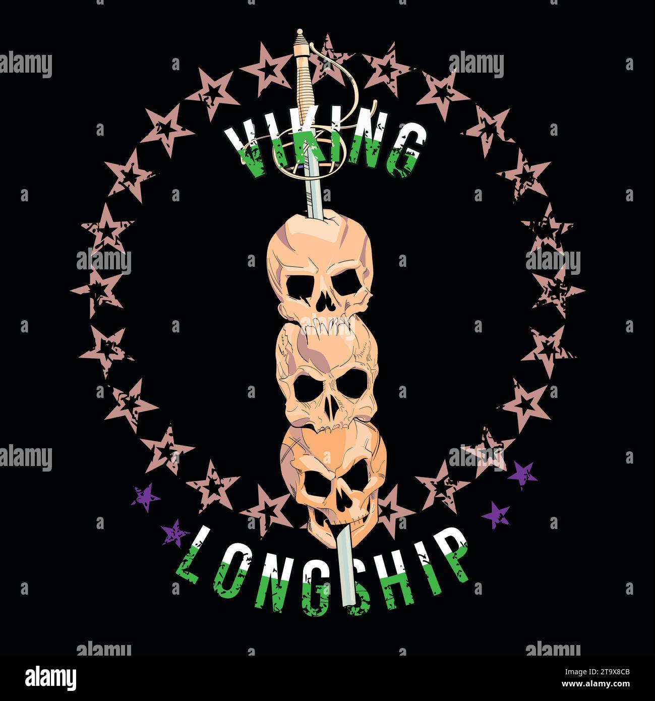 Wikinger Langschiff. T-Shirt-Design mit drei Schädeln, die von einem mittelalterlichen Schwert gespießt werden. Satanischer Sternenkreis. Stock Vektor