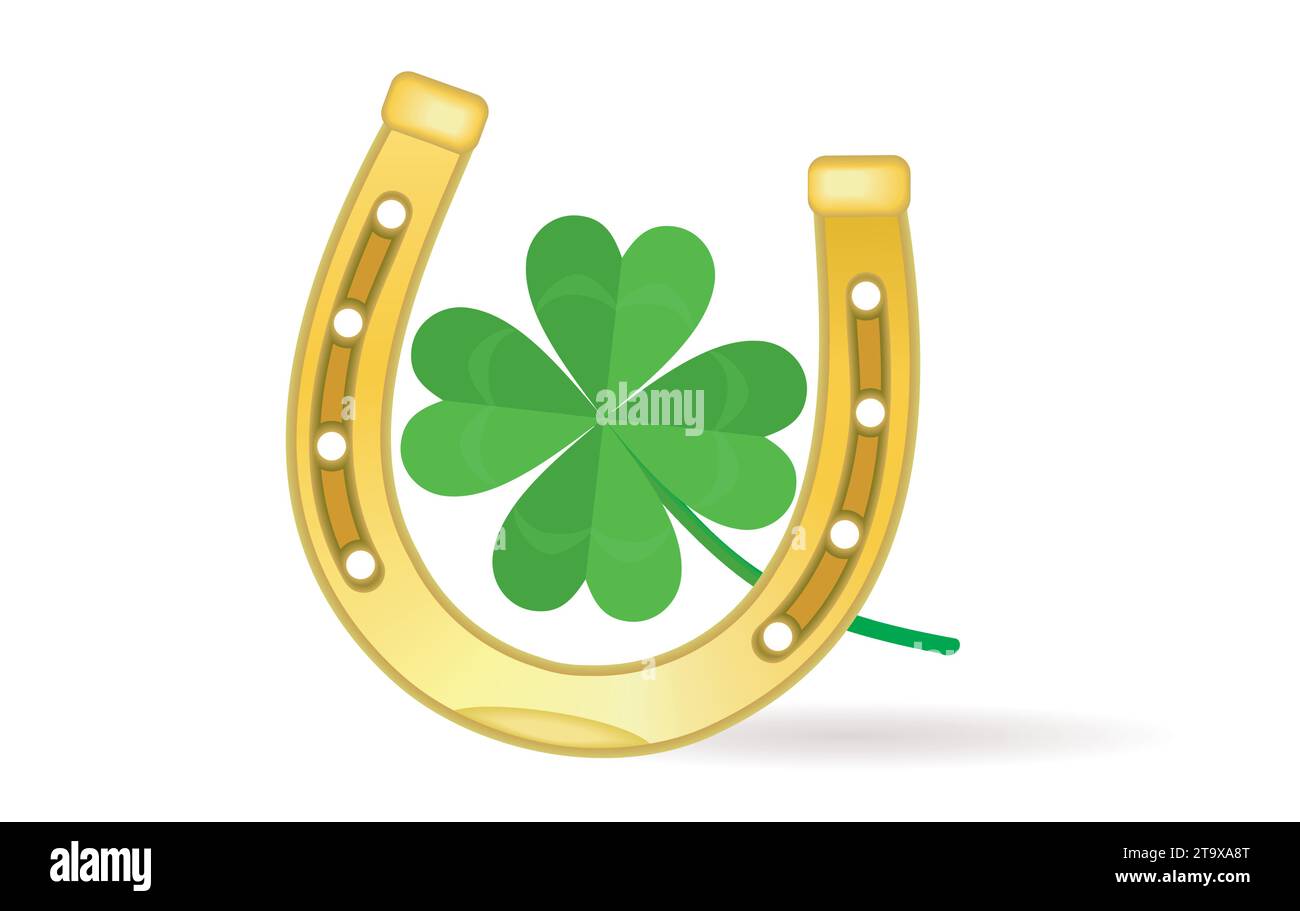 Ich wünsche Glück, Pferdeschuh und vierblättriges Kleeblatt. Vektorabbildung. Stock Vektor