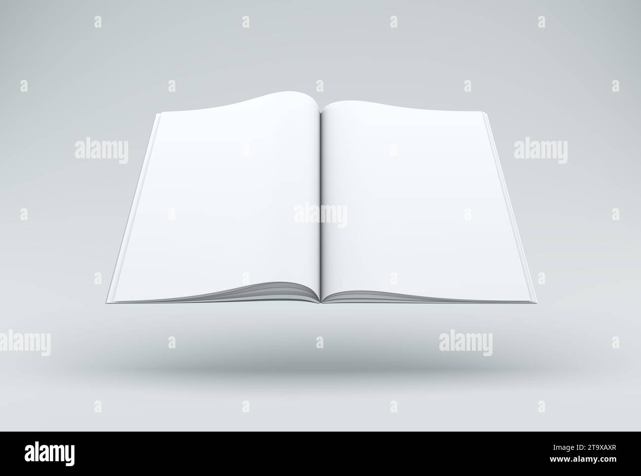White Open Book oder Magazine auf grauem Studio Hintergrund. Minimales Konzept. Schwarzweiß. 3D-Rendering. Stockfoto