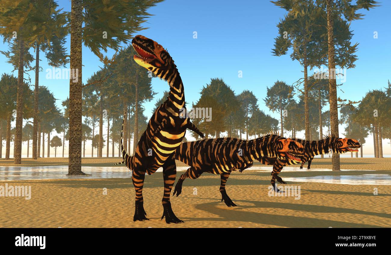 Ein Rudel fleischfressender Theropoden Rajasaurus-Dinosaurier auf der Spur der Raubtiere während der Kreidezeit. Stockfoto