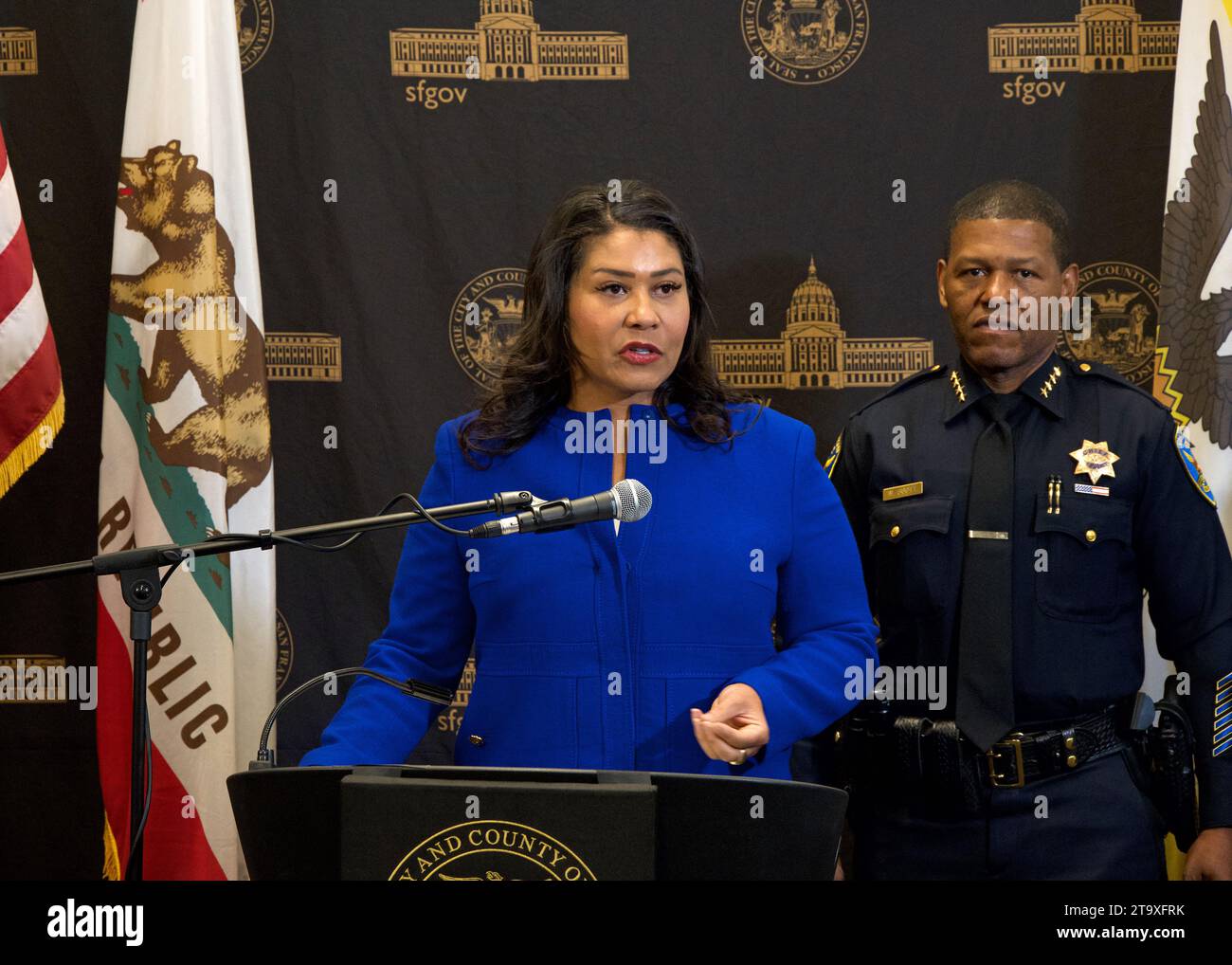 San Francisco, KALIFORNIEN - 9. November 2023: Bürgermeister London Breed spricht über Sicherheitsprobleme und Auswirkungen auf die Stadt rund um die bevorstehende APEC-Konferenz. Stockfoto