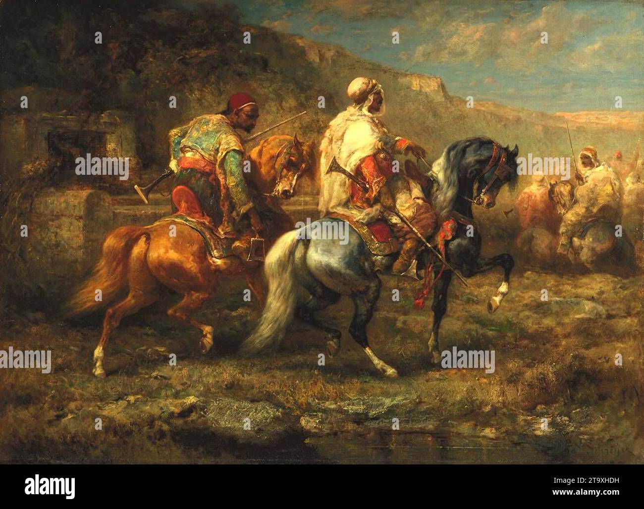 Arabische Reiter am Wasserloch - von Christian Adolf Schreyer Stockfoto