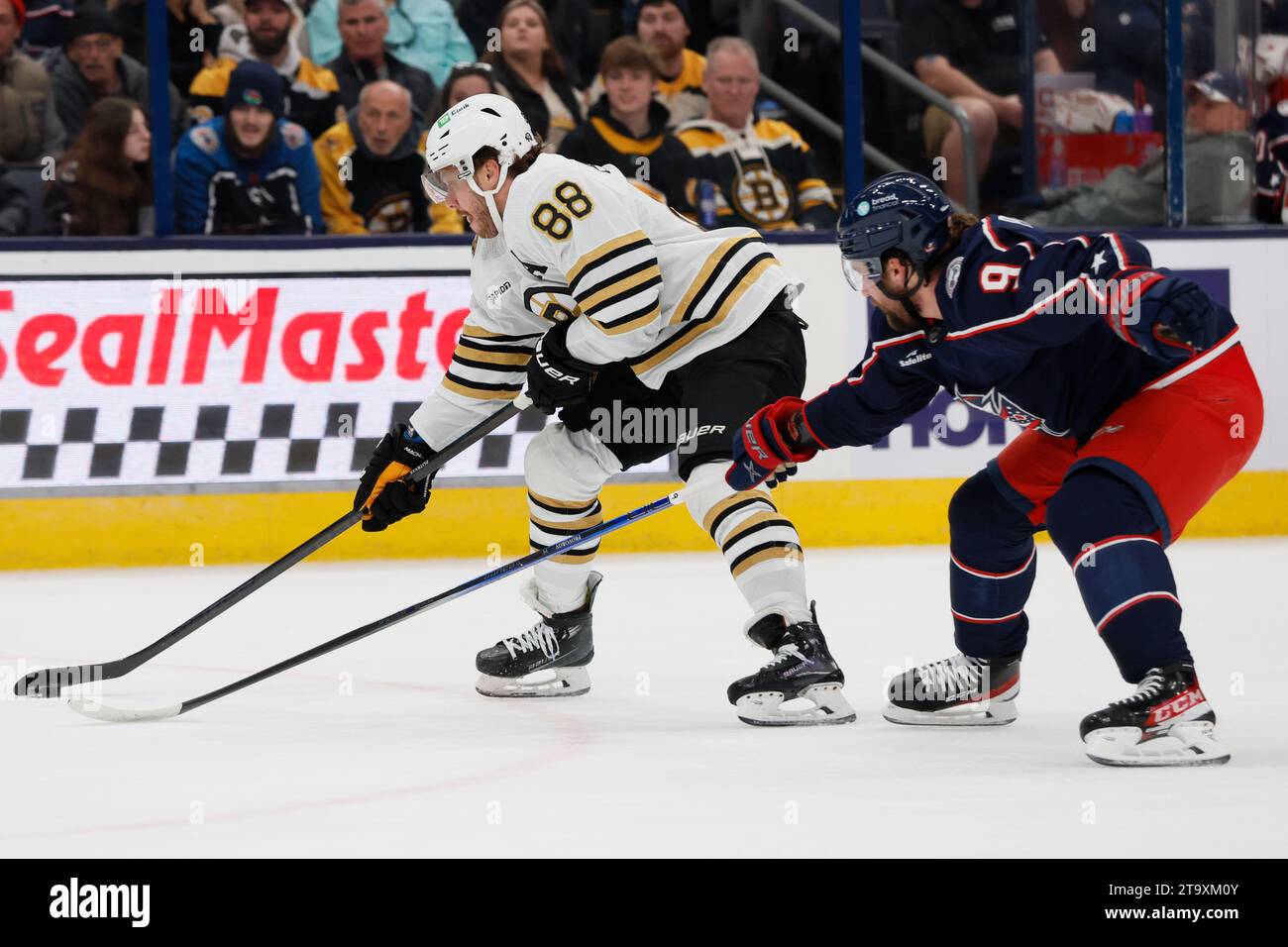 Boston Bruins' David Pastrnak, left, skates past Columbus Blue Jackets' Ivan Provorov during the first period of an NHL hockey game Monday, Nov. 27, 2023, in Columbus, Ohio. (AP Photo/Jay LaPrete) Stockfoto