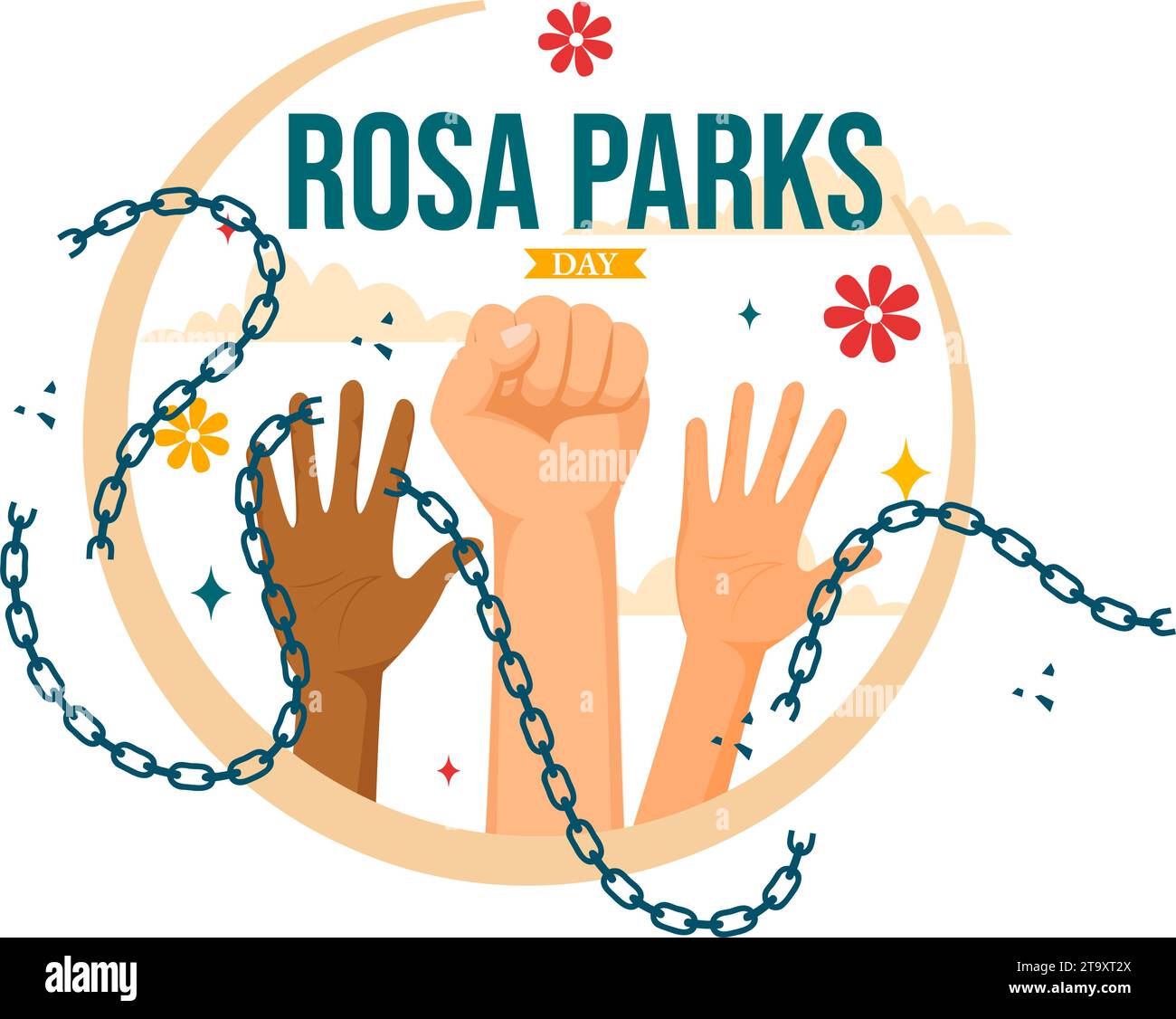 Rosa Parks Tag Vektor Illustration mit der First Lady of Civil Rights, Handschellen und Bus in National Holiday Celebration Flat Cartoon Hintergrund Stock Vektor