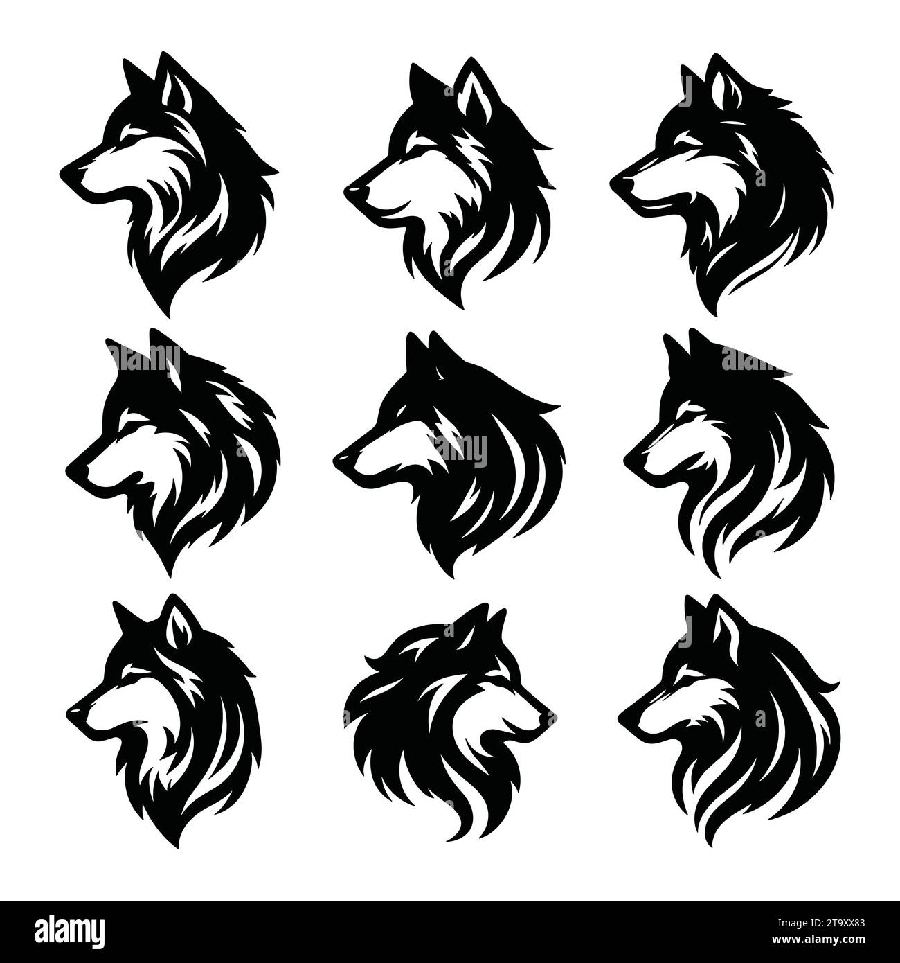 Satz von Wolfssilhouetten isoliert auf einem weißen Hintergrund, Vektor-Illustration. Stock Vektor