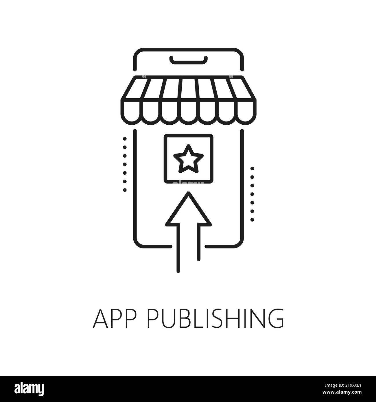 Symbol für App-Veröffentlichung, Web-App-Entwicklung und -Optimierung in Vektorlinie. Digitale Technologie und Web-Design für die Entwicklung und Veröffentlichung von Mobiltelefonen, UI- oder UX-App-Software im Application Store Stock Vektor