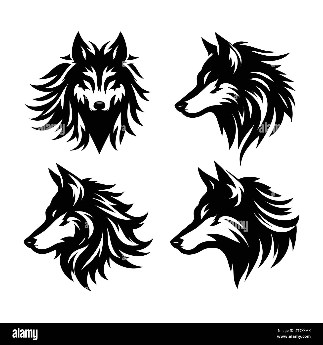 Satz von Wolfssilhouetten isoliert auf einem weißen Hintergrund, Vektor-Illustration. Stock Vektor