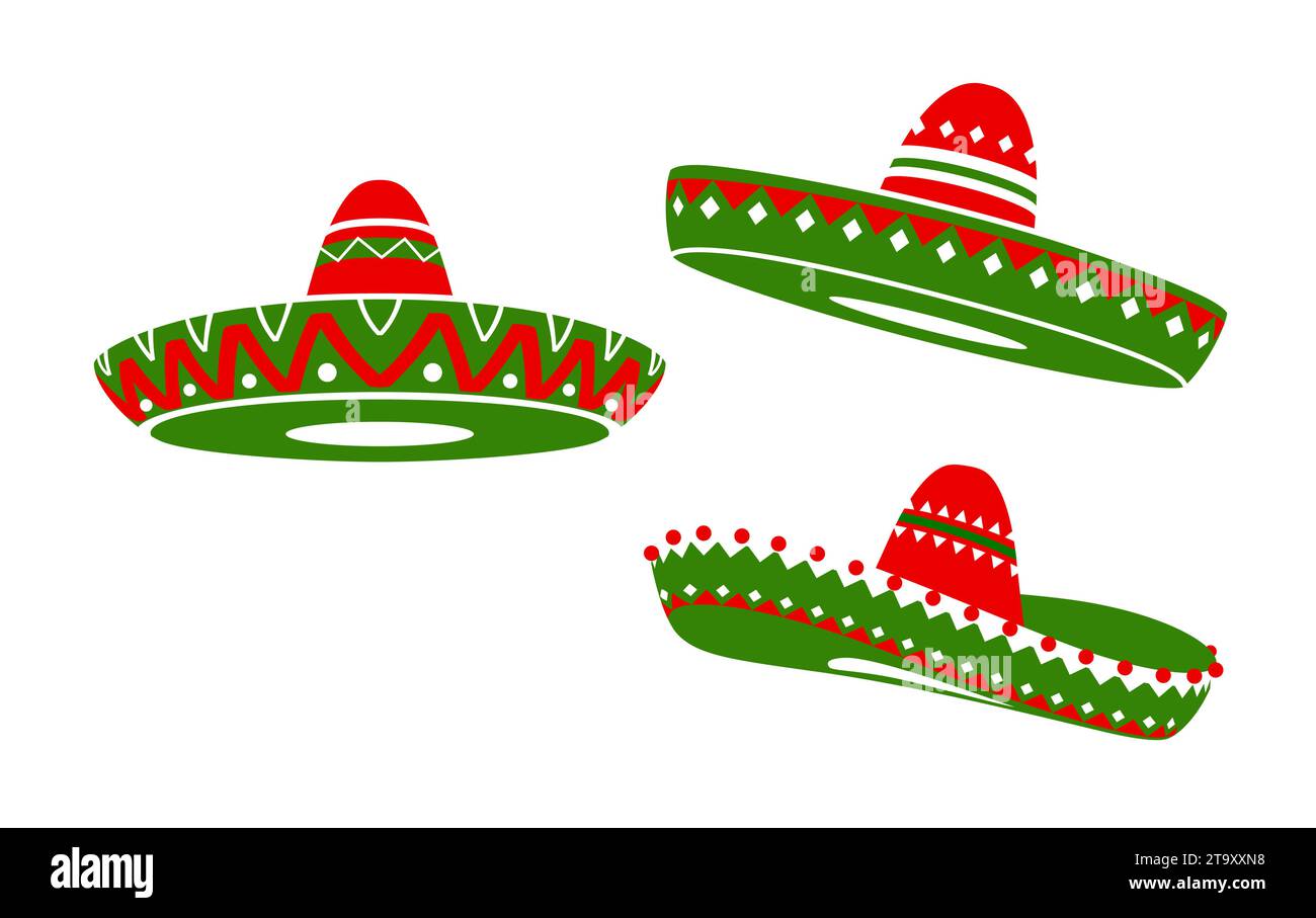 Mexikanische Sombrero-Hüte in Nationalflaggenfarben. Leuchtende rote, weiße und grüne Kappen stehen für die Kultur und das Erbe Mexikos. Kopfbedeckung für Festlichkeiten und Feiern, Cinco de Mayo oder Unabhängigkeitstag Stock Vektor