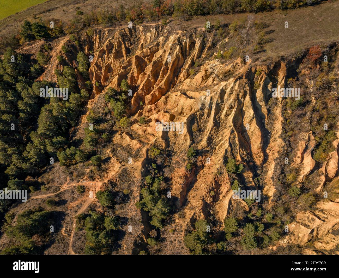 Luftaufnahme der Esterregalls d'all, einer geologischen Formation von Badlands, die durch Erosion verursacht wurden (Cerdanya, Katalonien, Spanien, Pyrenäen) Stockfoto